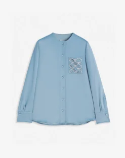 Clearance Collarless shirt with embroidered pocket Women Tops