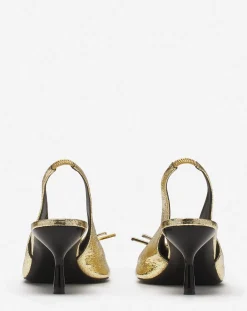 Discount bow slingback pumps in crackled metallic leather Women Pumps
